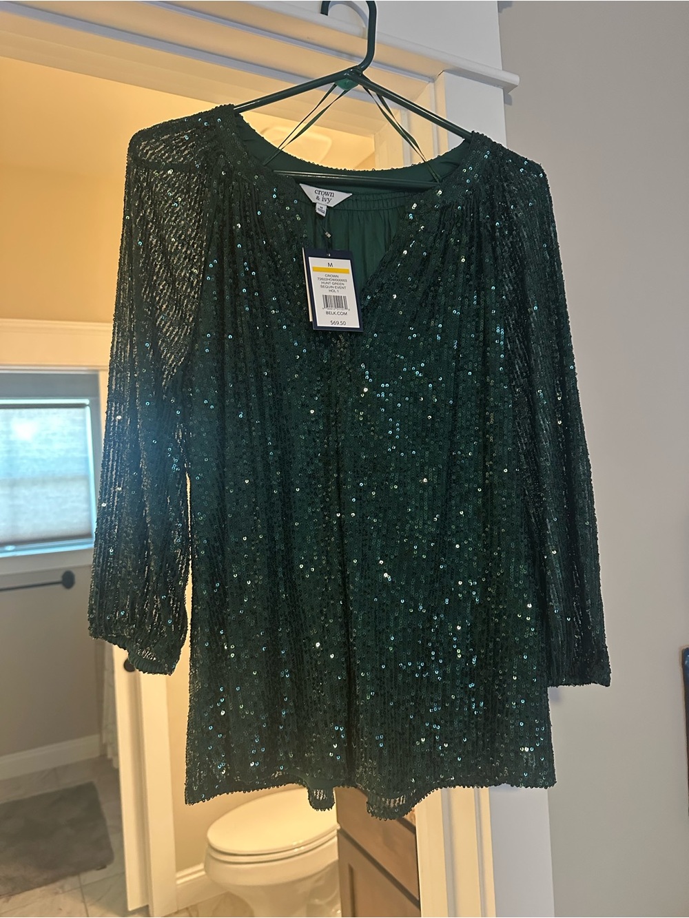 Crown & Ivy Dark Green Sequin V-Neck Tunic Top